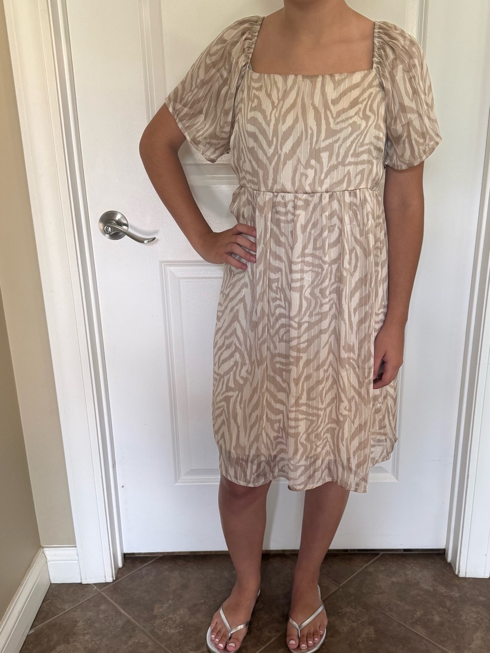 GILLI Cream and Beige Zebra-Effect Square Neck Dress